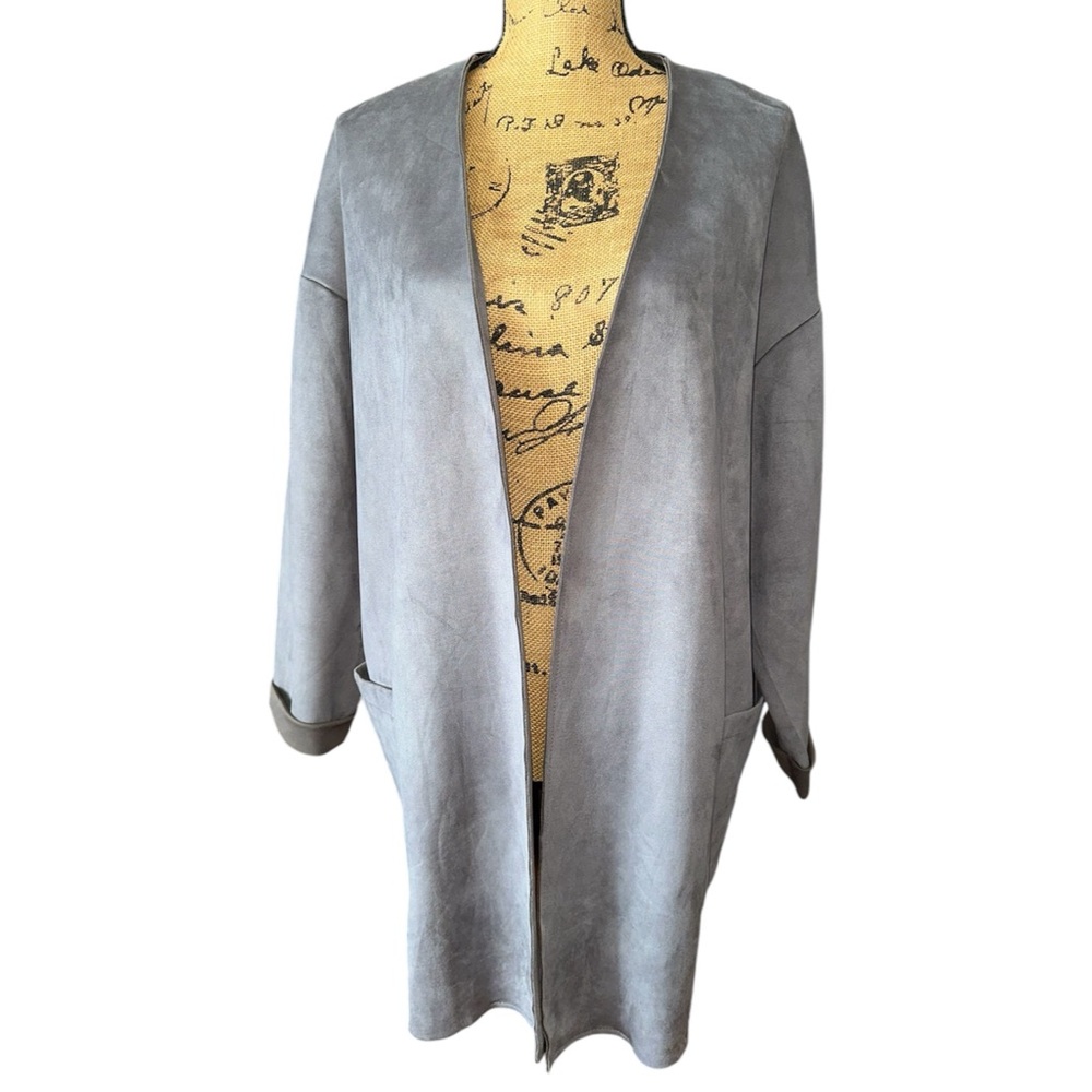 Carmen Marc Valvo Women’s XL Grey Open Front Faux Leather Suede Cardigan Jacket